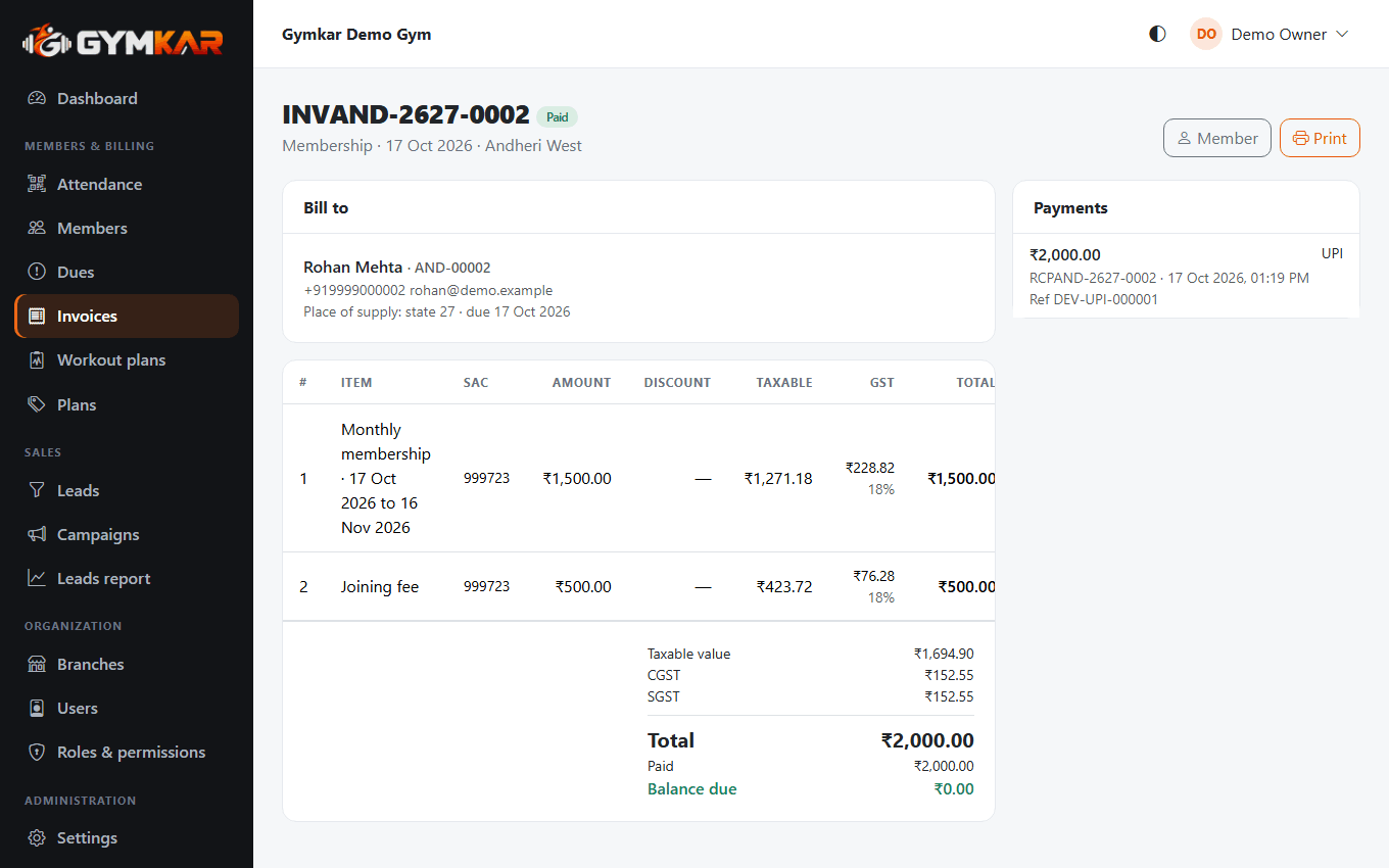 Step 3: a GST invoice with CGST and SGST split and the collect payment panel