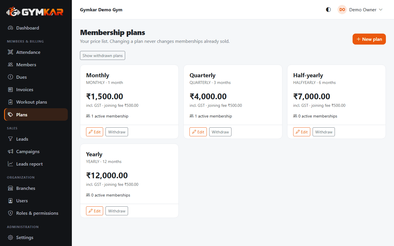 Step 1: the membership plans page in the Gymkar admin panel